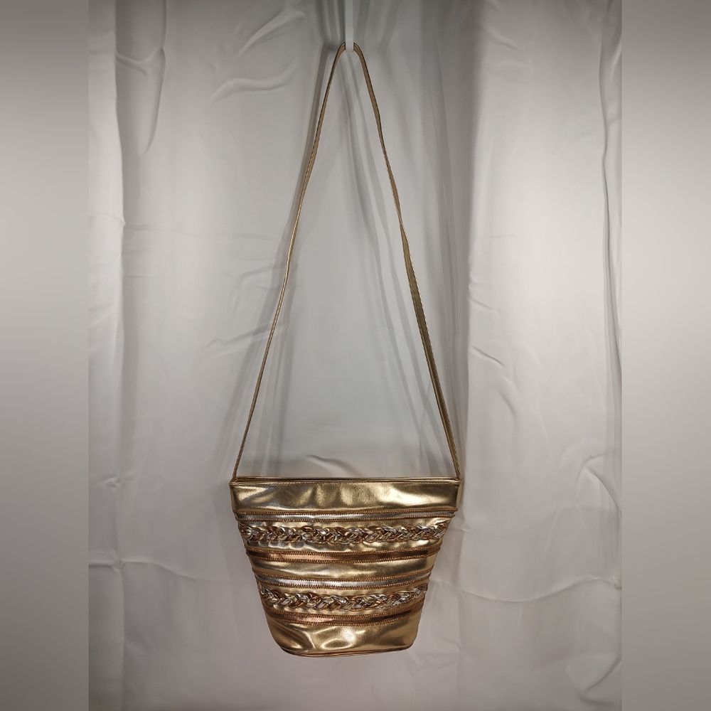 SOLD!Linea & Milano Gold Faux Leather Crossbody Bag Braided Accents Zip Close
